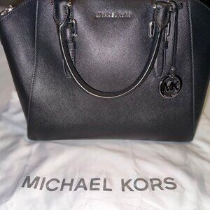Michael Kors Black Leather Medium Zippered Tote Bag